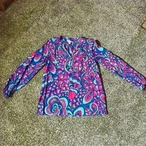 Women's XS Lilly Pulitzer Elsa 100% silk smocked tunic blouse top multi paisley